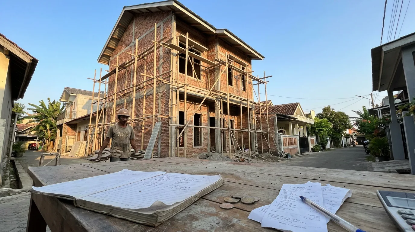 Proses pembangunan rumah tapak di kawasan perumahan Indonesia yang menunjukkan geliat sektor properti di tengah penyesuaian harga pasar.