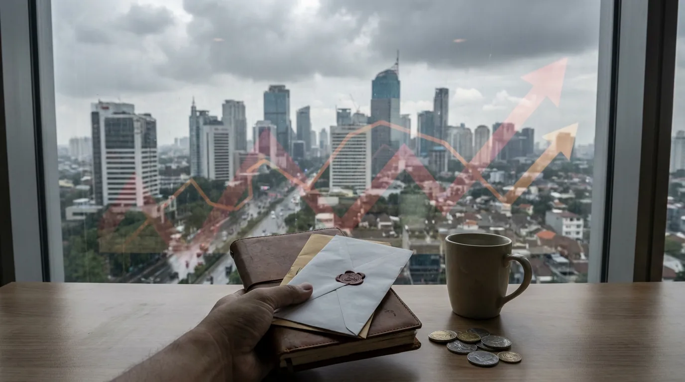 Papan indeks saham berlatar gedung perkantoran Jakarta dengan langit mendung.