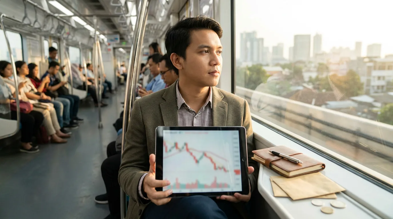 Seorang profesional muda Indonesia di dalam kereta MRT sedang memikirkan portofolio investasinya saat pasar saham sedang turun.