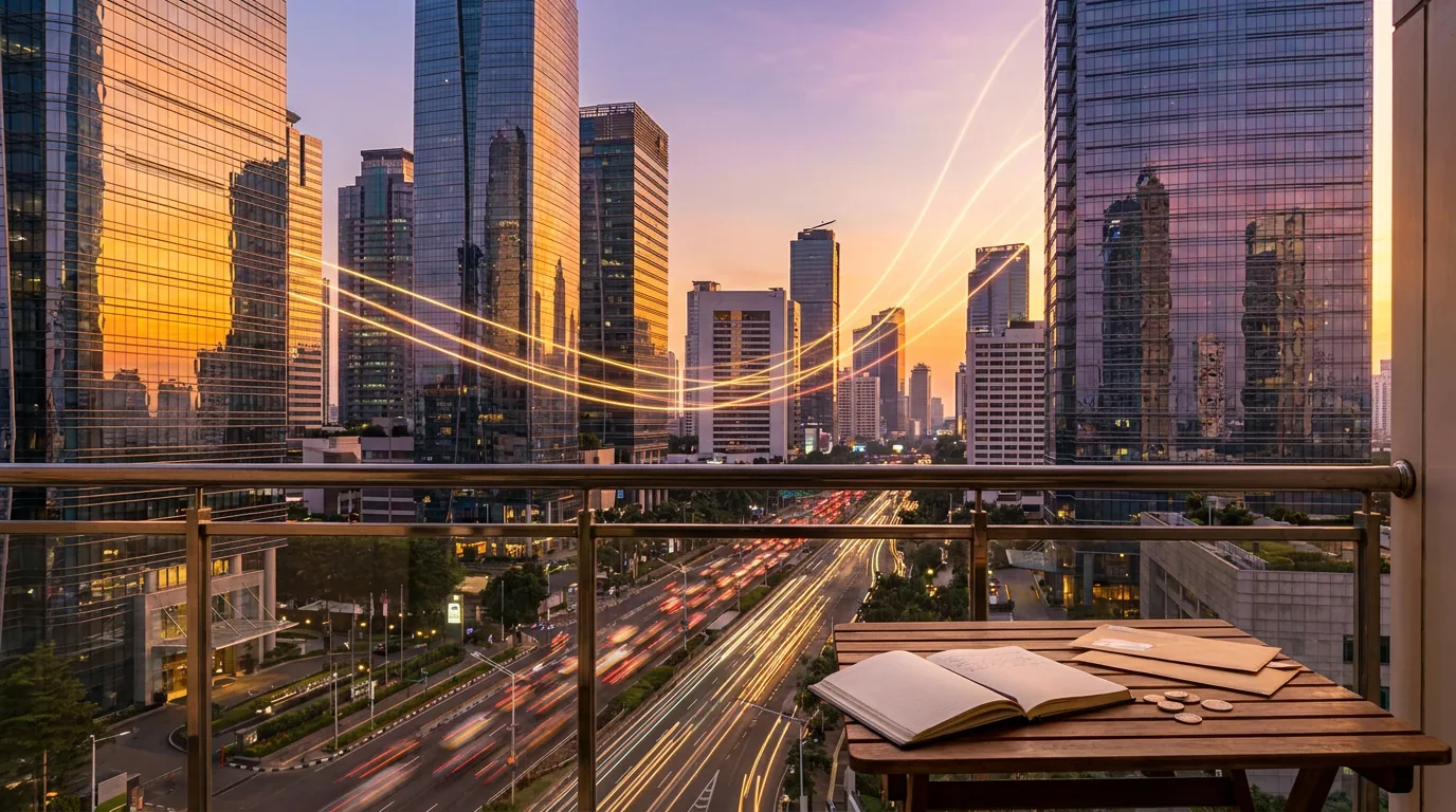 Pemandangan kawasan bisnis Jakarta yang sibuk dengan gedung pencakar langit, melambangkan pertumbuhan ekonomi dan IHSG yang meroket.
