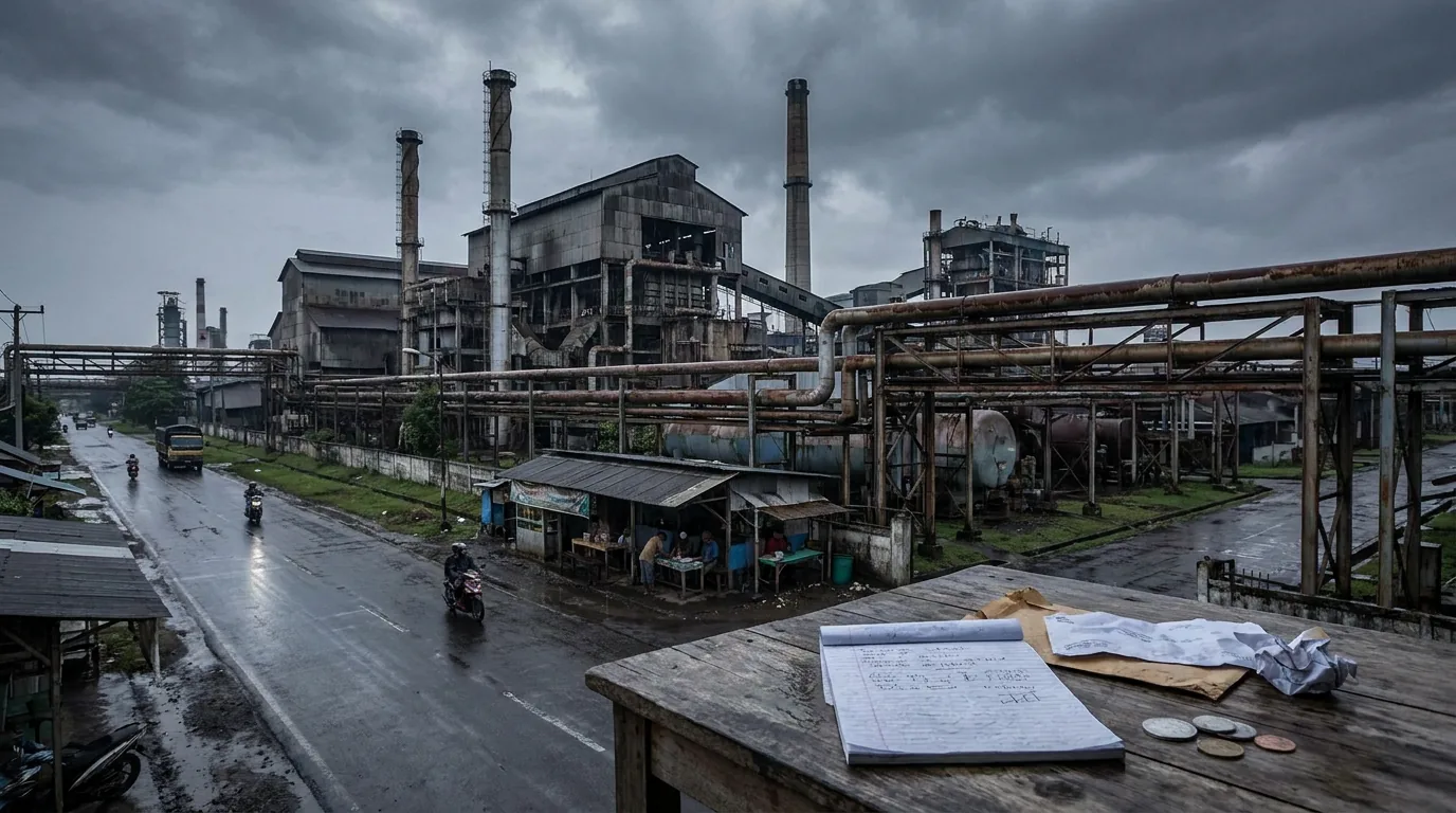 Fasilitas infrastruktur dan pabrik industri di Indonesia dengan nuansa mendung yang menggambarkan koreksi pasar pada sektor energi.