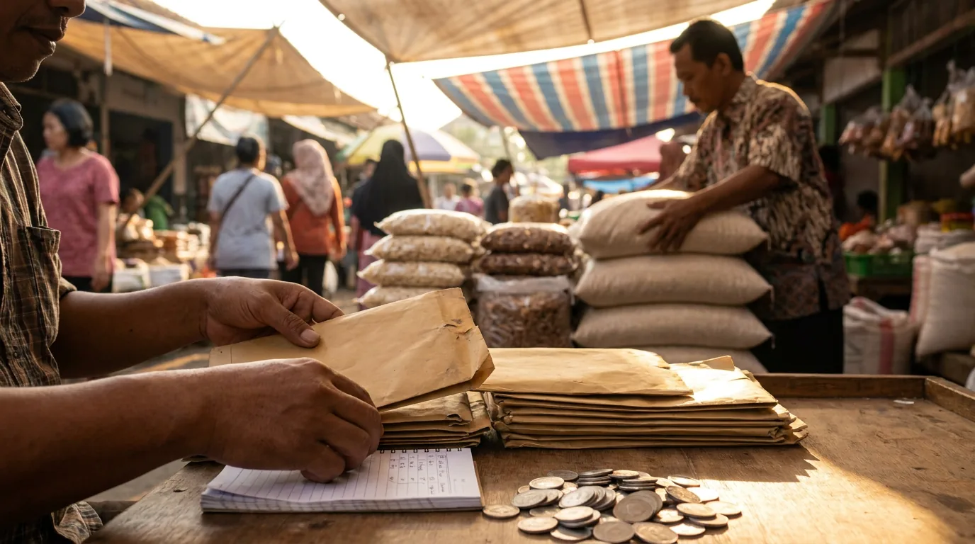 Suasana sibuk di pasar tradisional Indonesia dengan pedagang yang sedang merapikan bahan kebutuhan pokok di tengah ancaman inflasi.