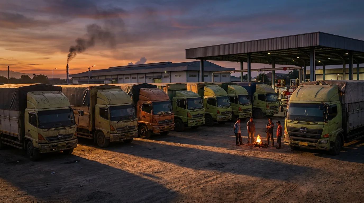 Deretan truk logistik komersial di pusat distribusi bahan bakar di Indonesia yang menggambarkan dampak kenaikan harga energi terhadap biaya operasional.