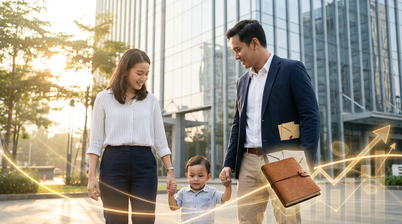 Keluarga muda Indonesia berjalan bersama dengan latar belakang gedung modern dan garis grafik keuangan abstrak yang melambangkan investasi masa depan anak.