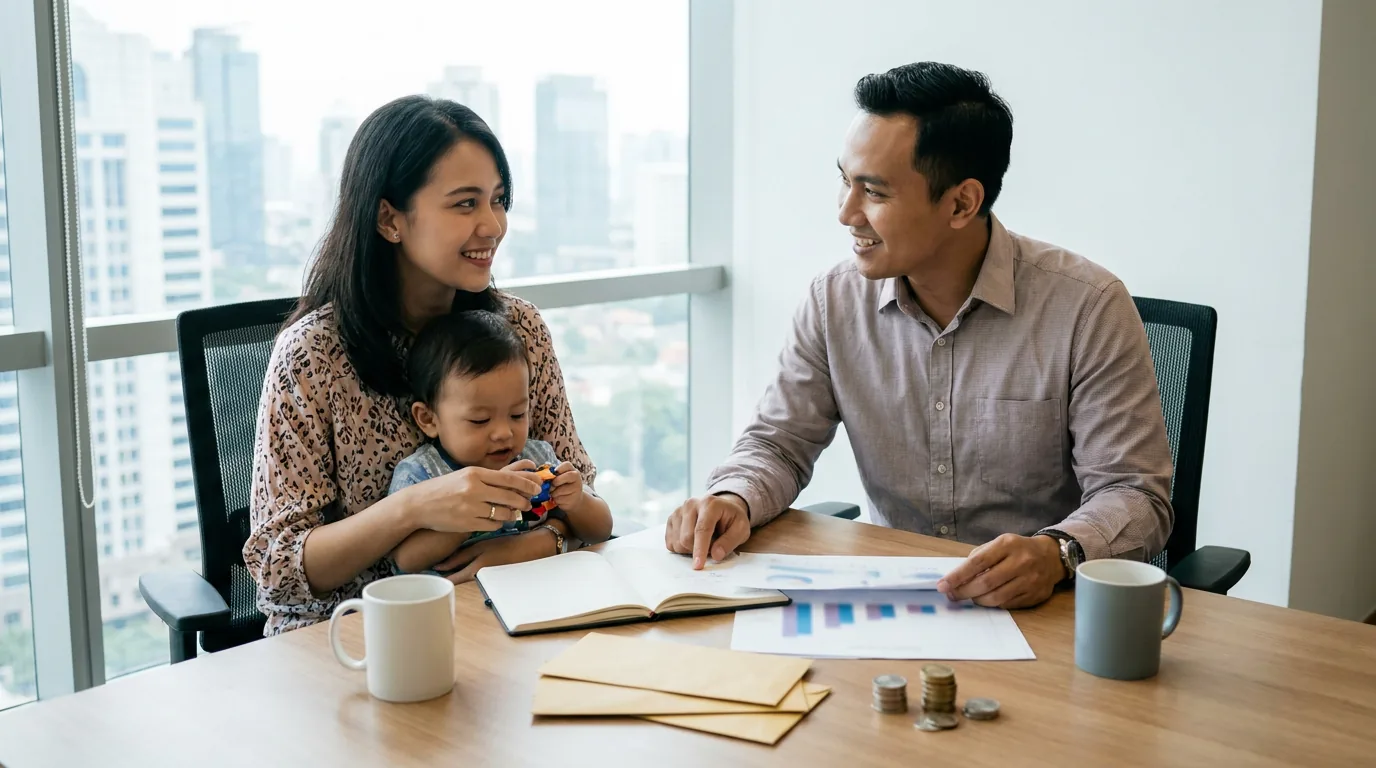 Ibu muda di Indonesia sedang berkonsultasi dengan perencana keuangan di kantor untuk merencanakan masa depan anak.