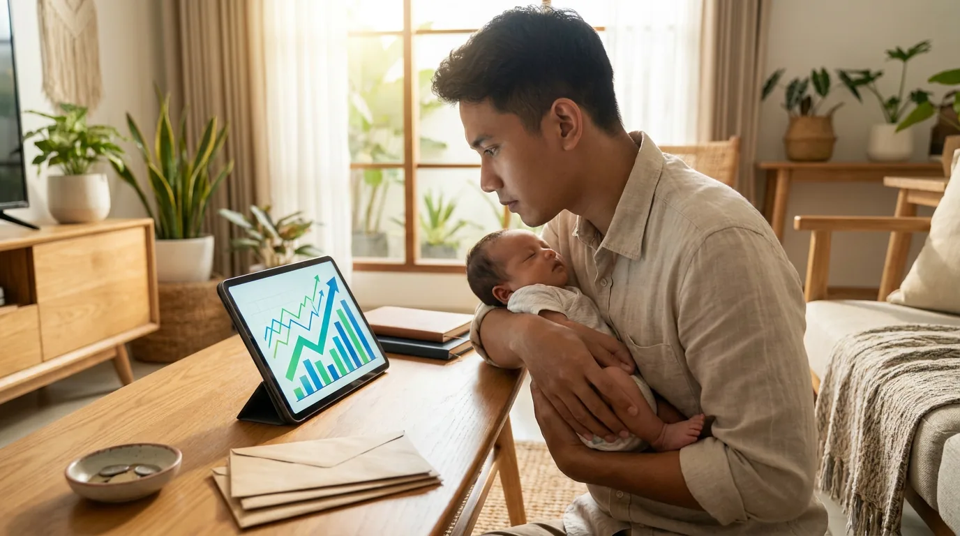 Seorang ayah muda di Indonesia menggendong bayi sambil melihat grafik pertumbuhan investasi di tablet.