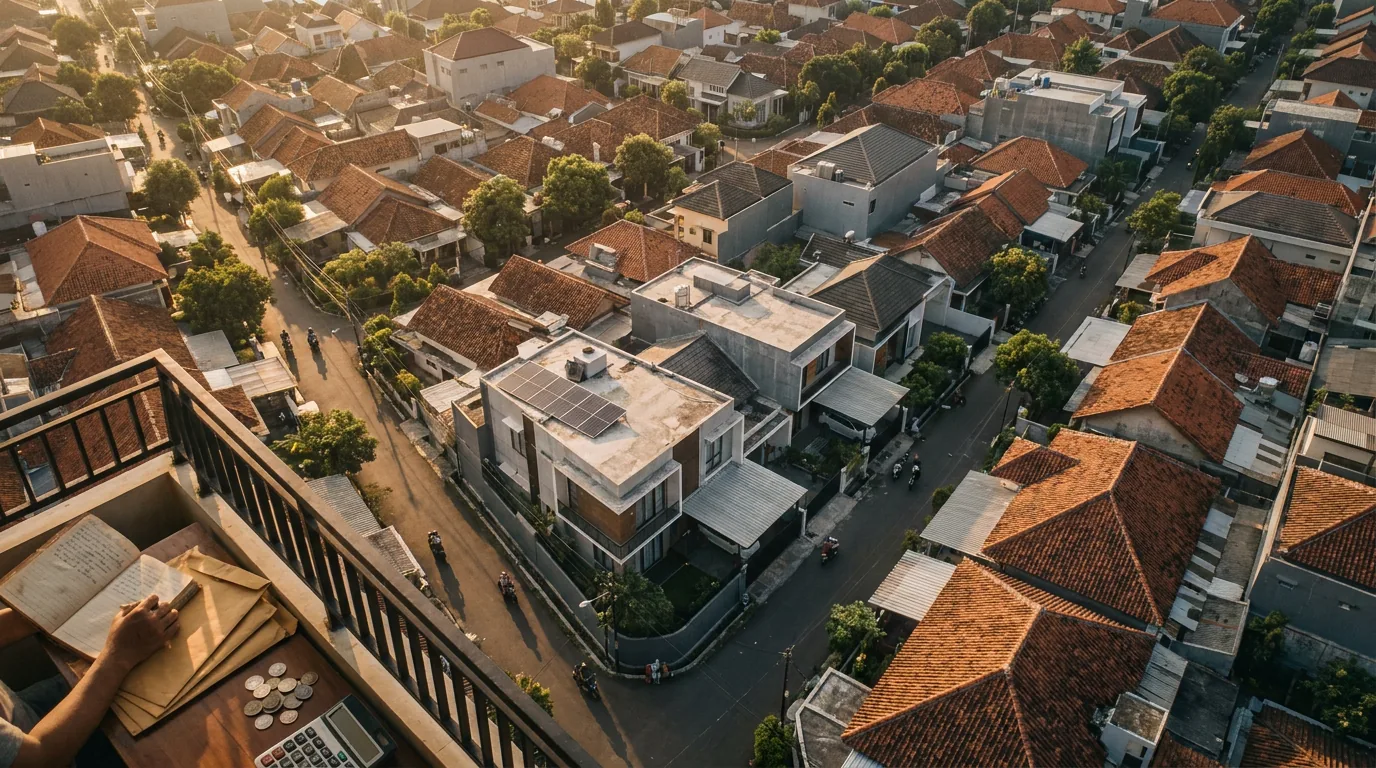 Pemandangan udara kawasan perumahan padat penduduk di Indonesia saat senja, menggambarkan pasar properti lokal yang terdampak tren asuransi global.