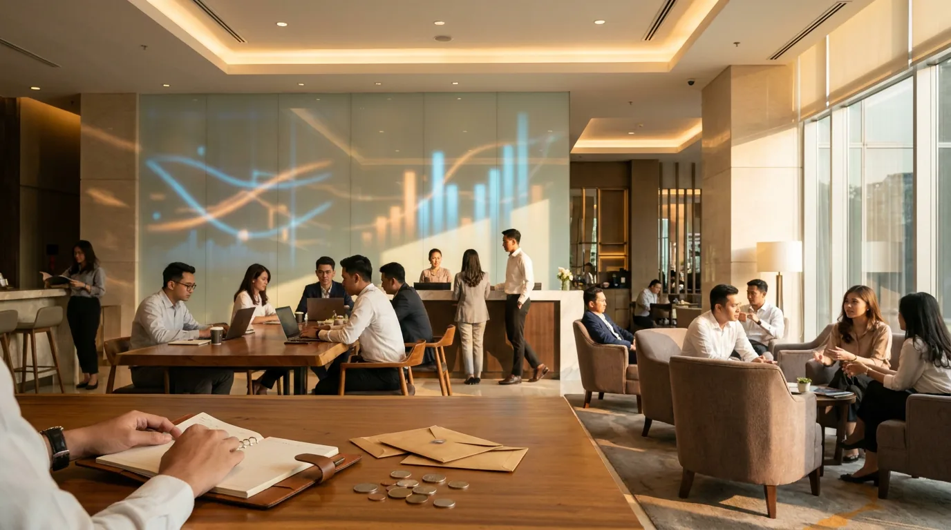 Suasana lobi hotel butik dan kafe modern di Jakarta dengan latar belakang grafik finansial abstrak yang merepresentasikan bisnis gaya hidup.