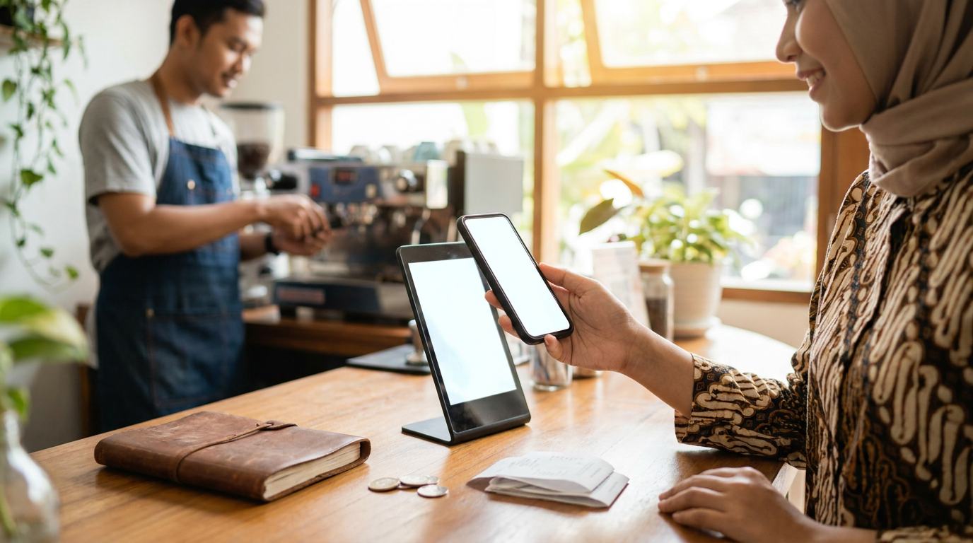 Pelanggan di sebuah kedai kopi lokal di Indonesia sedang melakukan pembayaran digital menggunakan ponsel pintar, mewakili adopsi dompet digital yang masif.