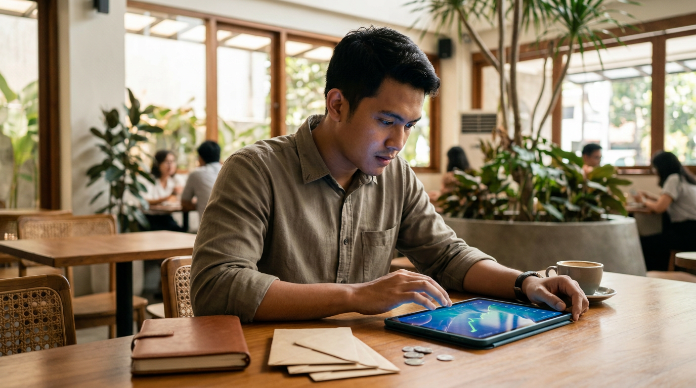 Seorang investor ritel muda Indonesia sedang mengamati grafik saham yang meroket tajam di layar tablet.