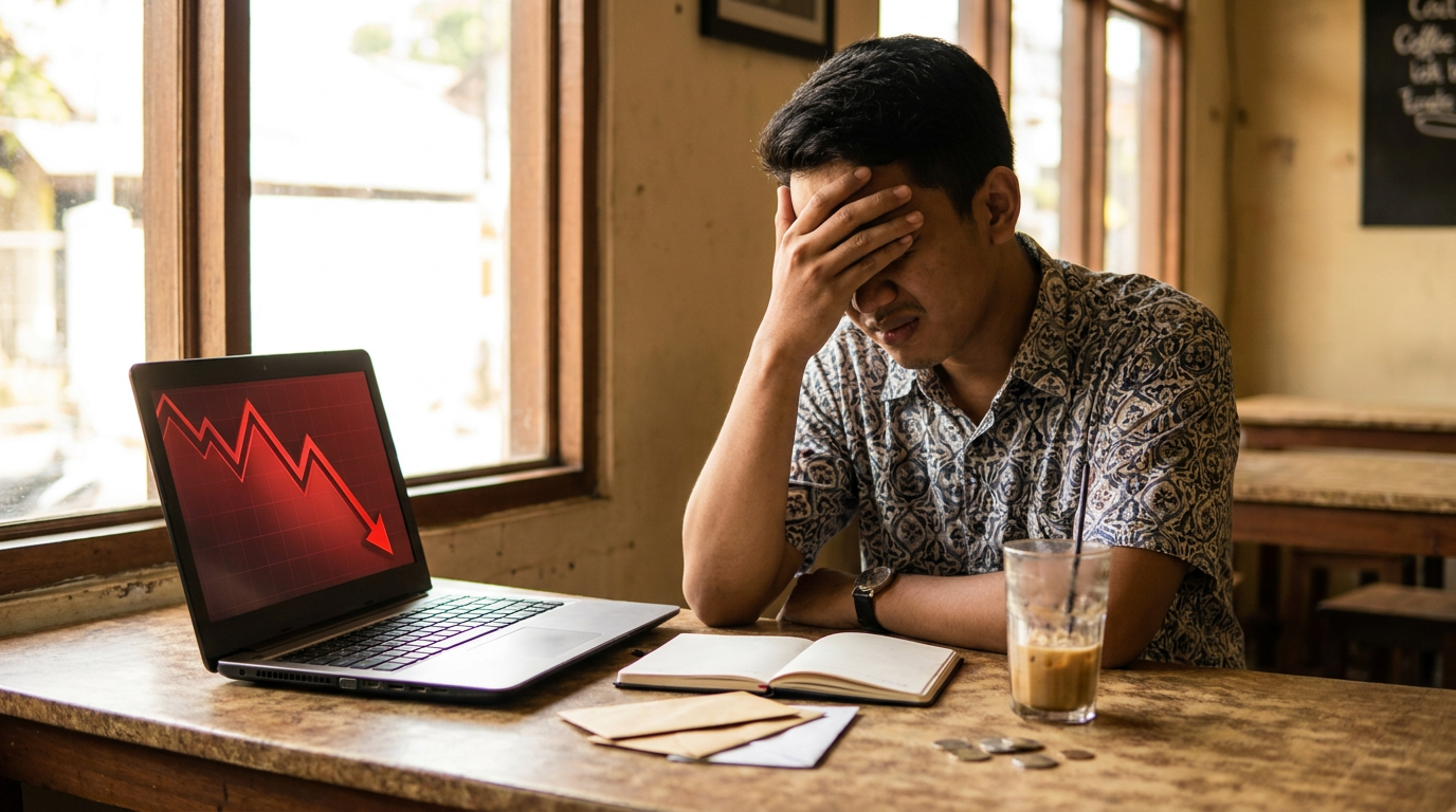 Seorang investor ritel muda Indonesia tampak stres sambil menatap layar laptop yang menampilkan grafik saham berwarna merah menurun tajam di sebuah kedai kopi.