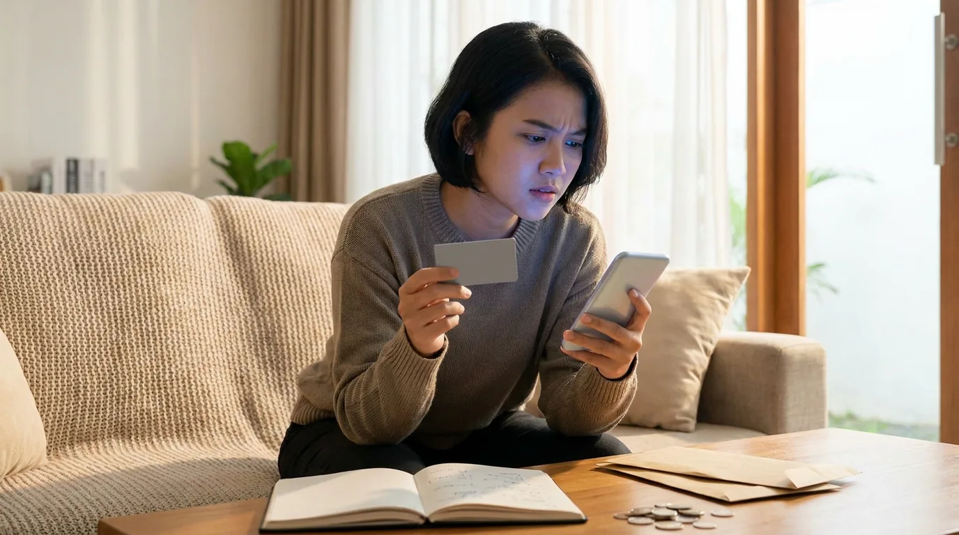 Seorang nasabah di Indonesia tampak waspada saat memegang kartu bank dan ponsel pintar, merepresentasikan pentingnya kesadaran terhadap ancaman pencurian identitas dan penipuan finansial.