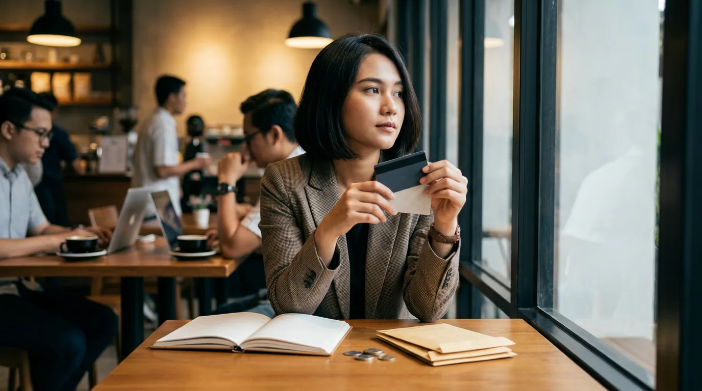 Seseorang memegang dua kartu bank yang berbeda di sebuah kafe, merepresentasikan strategi memecah dana operasional dan darurat ke berbagai rekening.