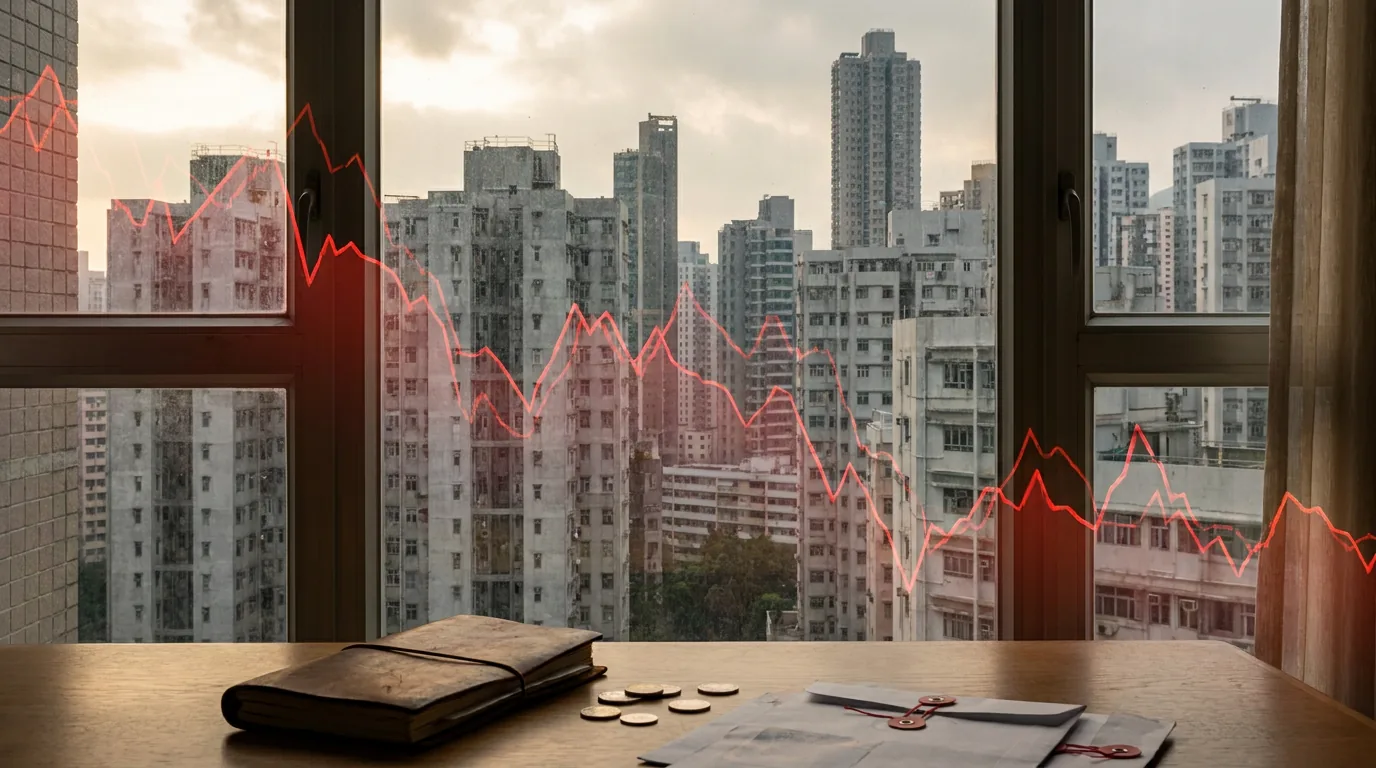 Siluet gedung apartemen bertingkat dengan garis grafik finansial menurun yang menggambarkan risiko investasi properti.
