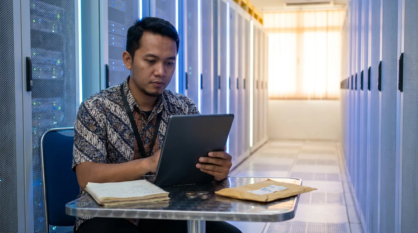 Teknisi IT Indonesia sedang memantau sistem di ruang server modern yang melambangkan migrasi infrastruktur perbankan ke teknologi cloud.