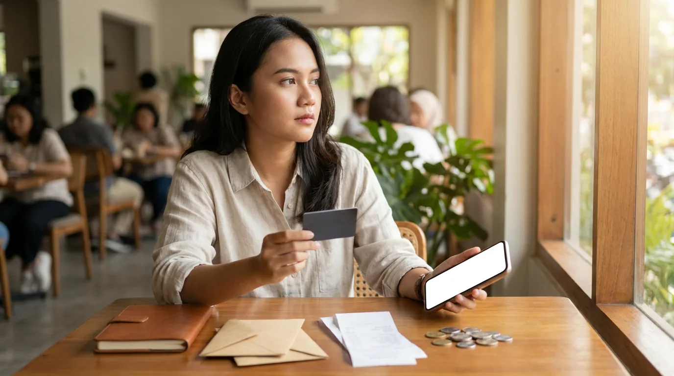 Nasabah Indonesia sedang mengatur keuangan digital menggunakan ponsel pintar dan kartu bank di sebuah kafe modern, merepresentasikan diversifikasi rekening.