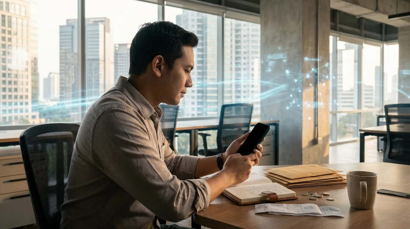 Seorang profesional di Jakarta menggunakan ponsel pintar dengan latar belakang abstrak aliran data yang merepresentasikan keamanan bank digital dan komputasi awan.