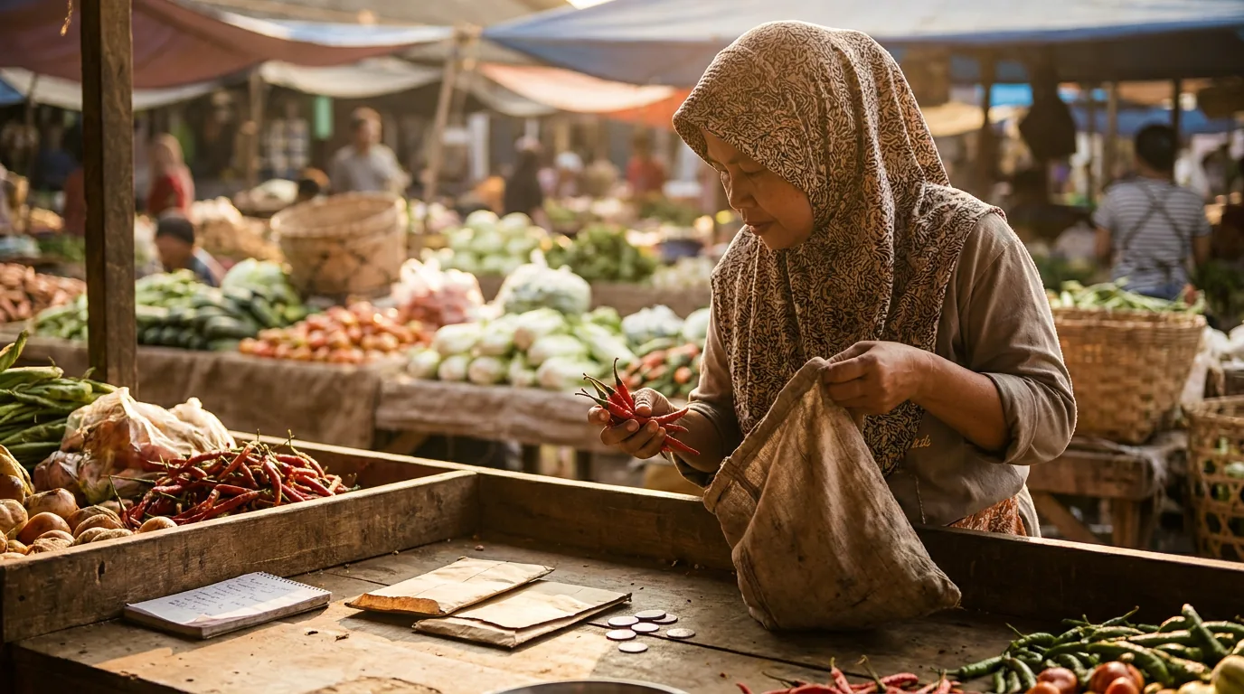 Konsumen berbelanja kebutuhan pokok di pasar tradisional Indonesia.