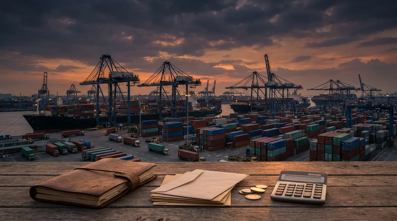 Suasana pelabuhan peti kemas di Indonesia pada senja hari yang melambangkan aktivitas perdagangan internasional dan ketidakpastian ekonomi global.
