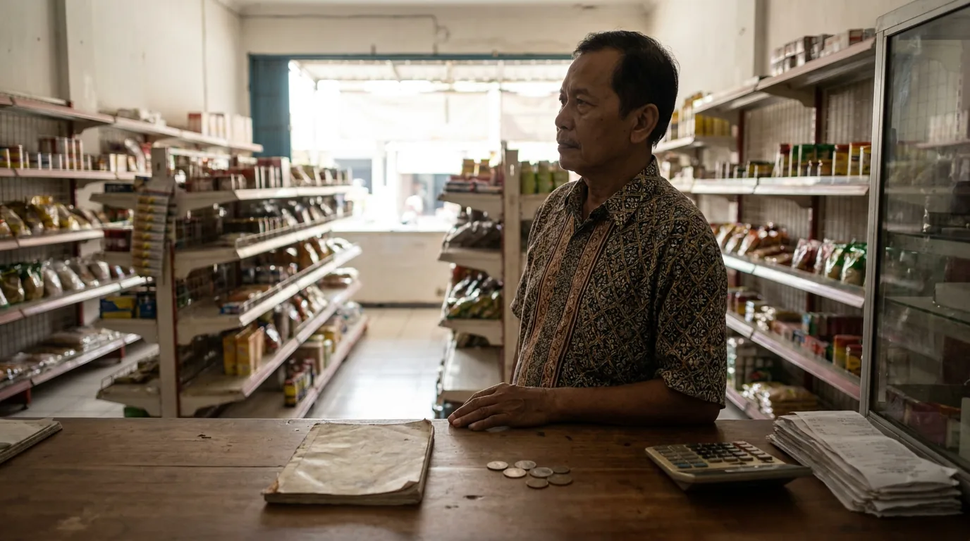 Suasana sepi di sebuah toko ritel di Indonesia yang menggambarkan dampak penurunan daya beli masyarakat dan lesunya penjualan ritel.