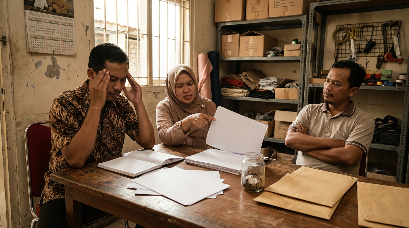 Suasana rapat internal yang tegang di sebuah kantor usaha kecil menengah, menyoroti risiko sengketa keluarga terhadap kelangsungan aset dan operasional bisnis.