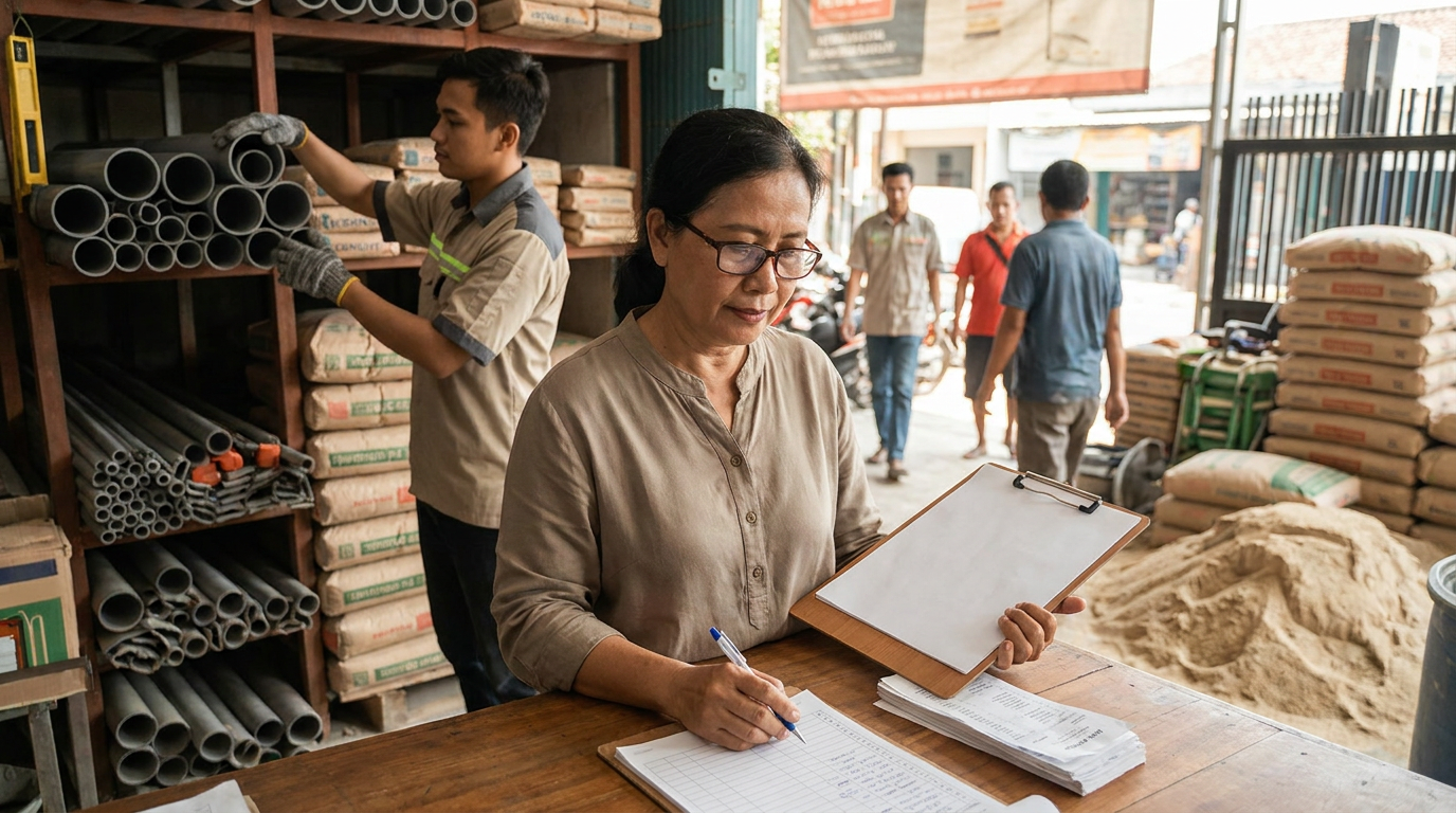 Pembagian tugas operasional yang jelas antara anggota keluarga di sebuah toko bangunan di Indonesia, wujud nyata tata kelola bisnis yang transparan sejak hari pertama.