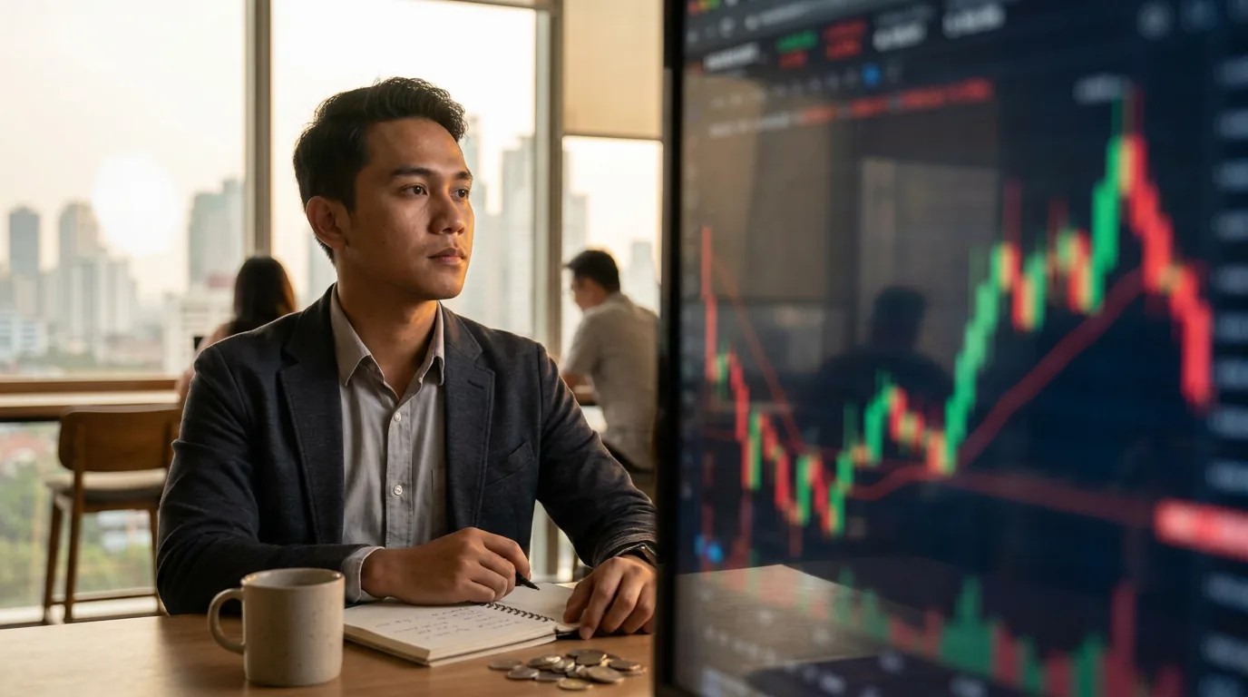 Seorang investor ritel muda Indonesia sedang mengamati pergerakan grafik saham digital yang menyala, merepresentasikan tren investasi perusahaan teknologi dan risiko FOMO.