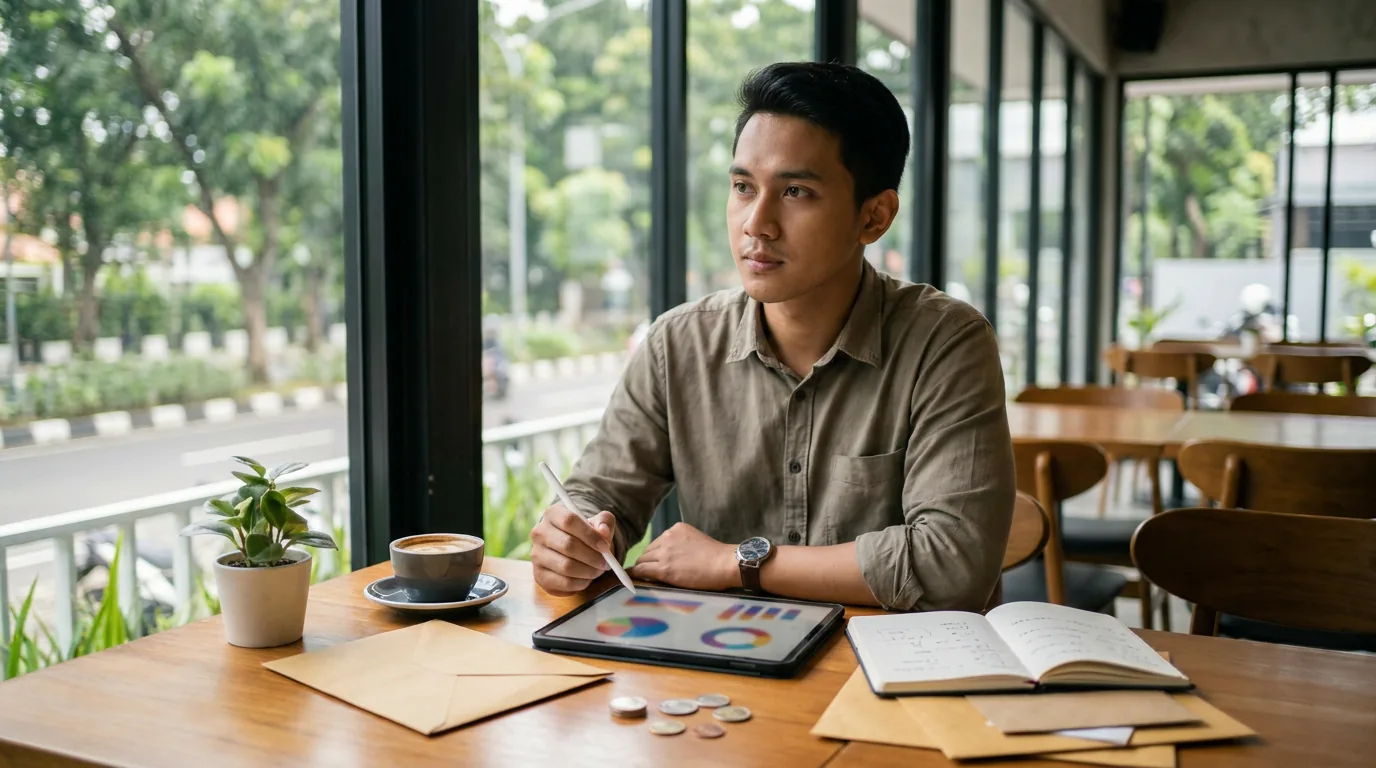 Profesional muda Indonesia di kafe modern sedang meninjau grafik alokasi aset abstrak di tablet untuk merampingkan portofolio investasi.