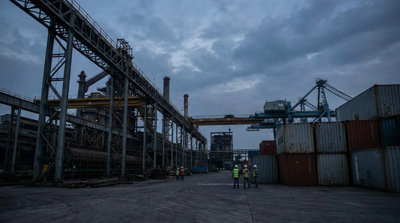 Suasana pabrik industri dan manufaktur di Indonesia dengan pencahayaan dramatis, merepresentasikan perlambatan ekspansi bisnis akibat ketatnya penyaluran kredit privat.