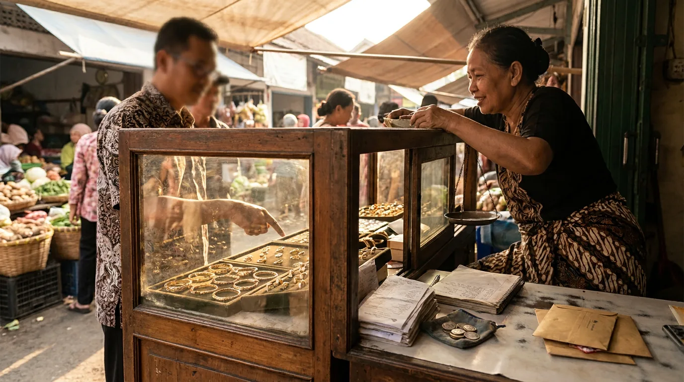 Pelanggan sedang bertransaksi di toko emas tradisional Indonesia, menggambarkan salah satu bentuk instrumen aset likuid yang mudah dicairkan bagi investor ritel.