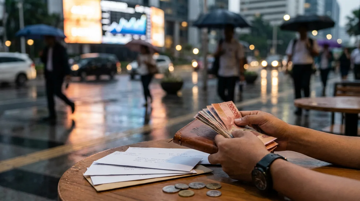 Seseorang memegang tumpukan uang tunai Rupiah dengan latar belakang kawasan bisnis Jakarta yang sibuk, melambangkan pentingnya aset likuid di tengah ketidakpastian ekonomi global.