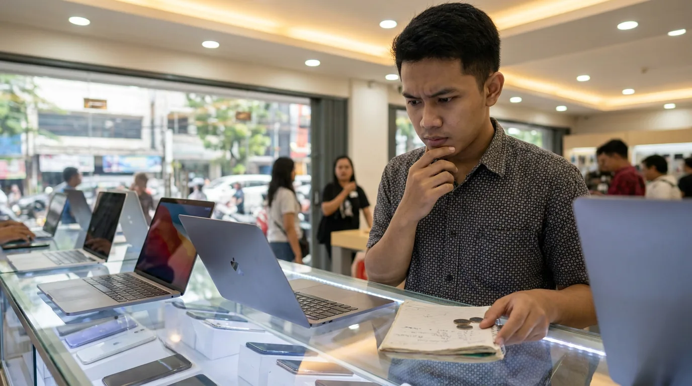 Seorang pria muda Indonesia sedang melihat pajangan laptop dan smartphone dengan ekspresi berpikir di sebuah toko ritel elektronik modern.