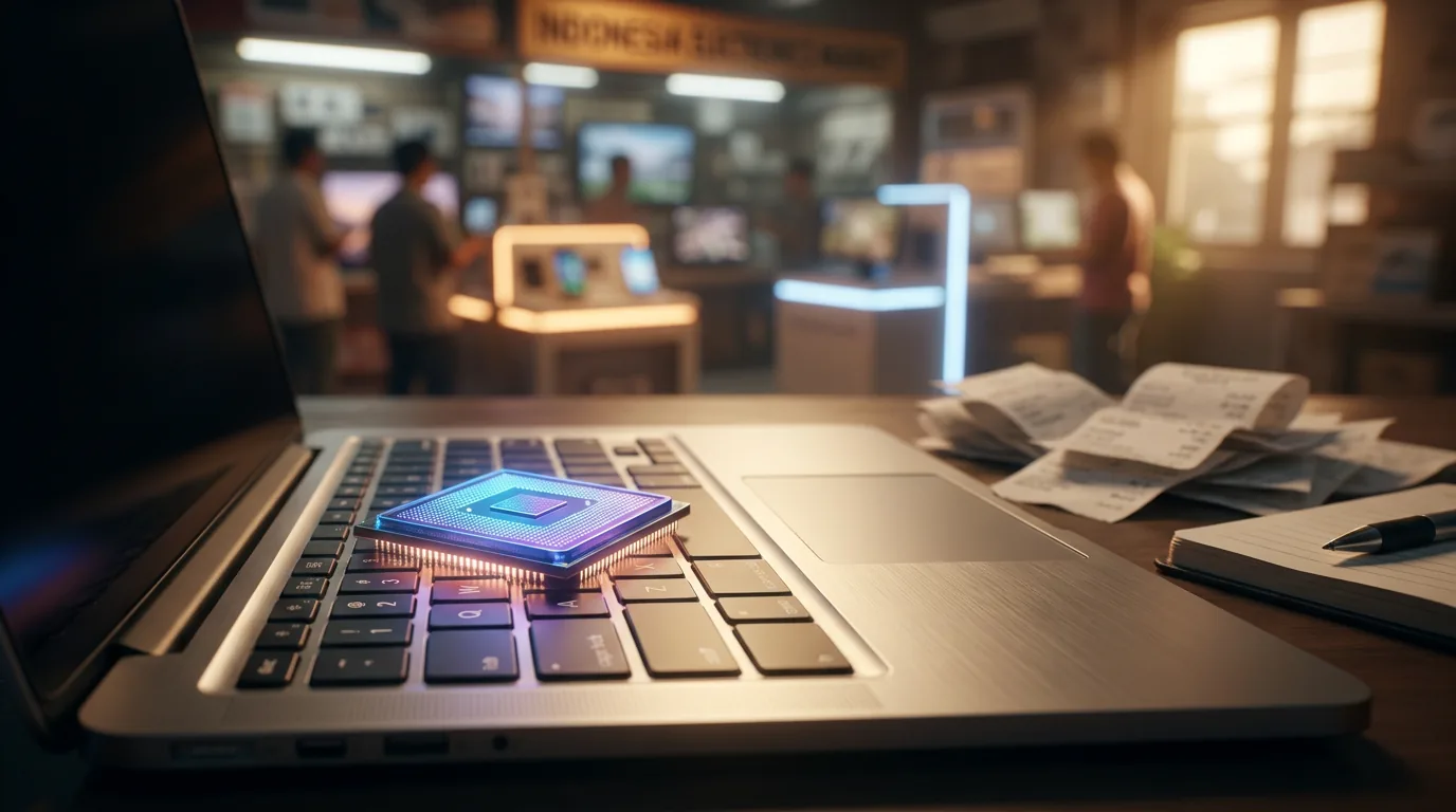 Foto makro chip komputer yang menyala di atas keyboard laptop dengan latar belakang toko elektronik di Indonesia yang blur, menggambarkan krisis rantai pasok teknologi.