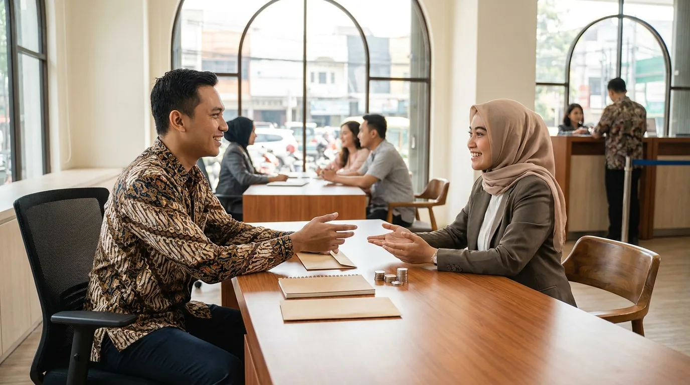 Nasabah sedang berkonsultasi dengan petugas bank mengenai fasilitas pinjaman dan suku bunga di kantor cabang.