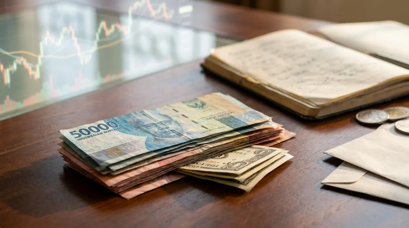 Tumpukan uang kertas Rupiah dan Dolar AS yang melambangkan tekanan pada nilai tukar dan cadangan devisa negara akibat tingginya transaksi impor.