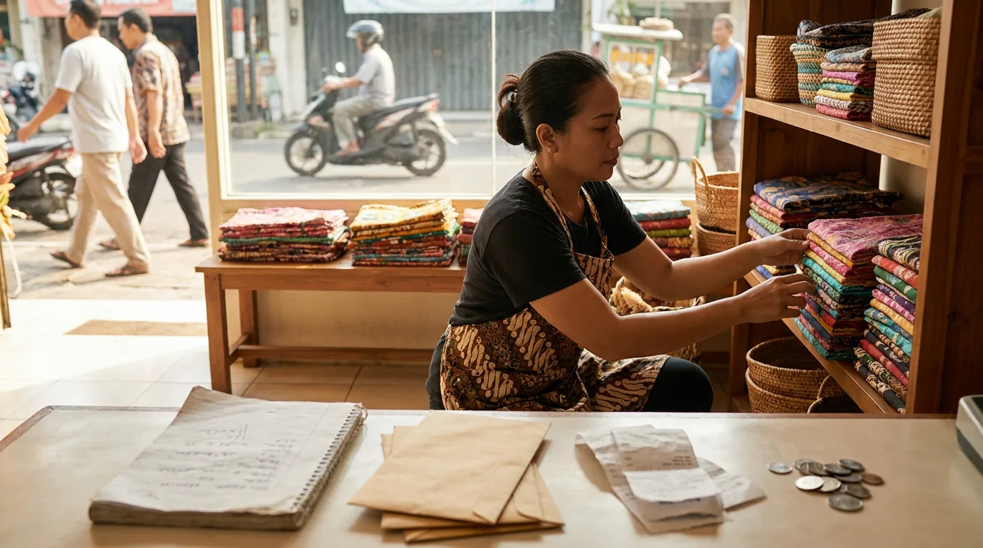 Pemilik usaha mikro di Indonesia sedang mengelola bisnisnya, menggambarkan realitas mengelola keuangan pribadi layaknya sebuah perusahaan kecil.