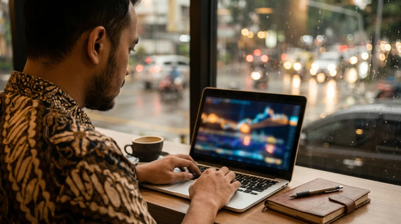 Seorang investor ritel muda Indonesia sedang fokus menganalisis grafik keuangan abstrak di laptop dalam sebuah kafe modern.