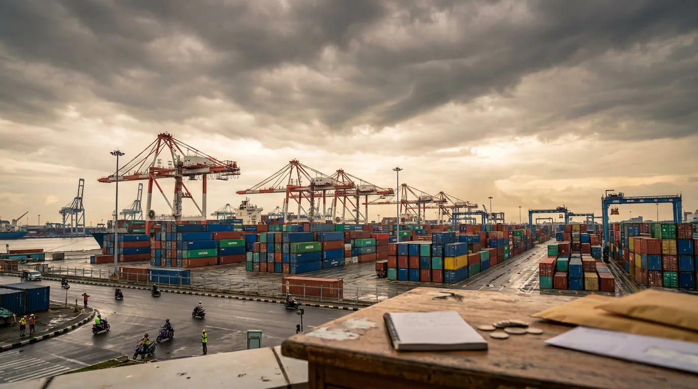 Suasana pelabuhan peti kemas yang sibuk di bawah langit mendung, melambangkan ketidakpastian ekonomi global dan dampaknya pada rantai pasok.
