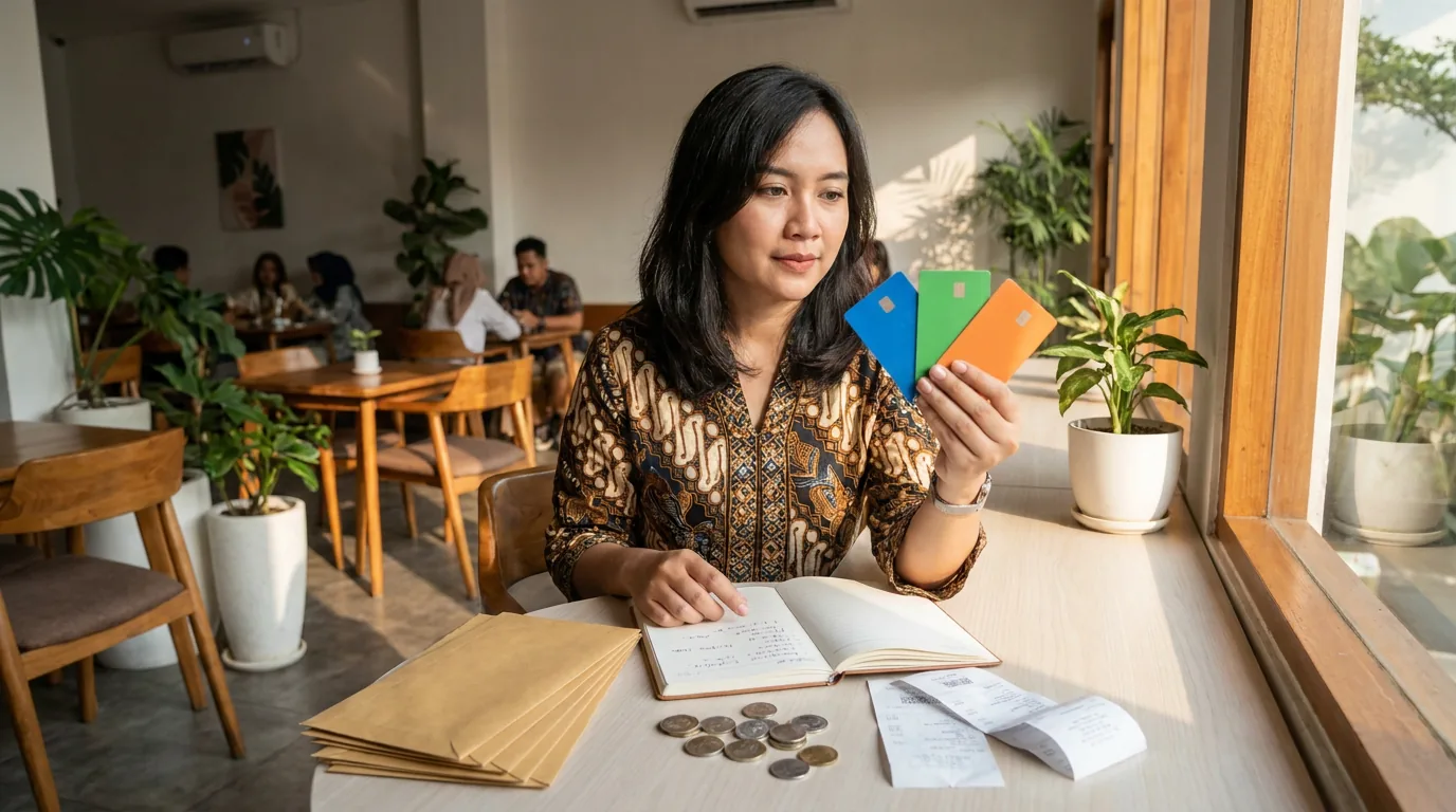 Seorang nasabah memegang beberapa kartu bank tanpa merek sebagai ilustrasi strategi diversifikasi simpanan.
