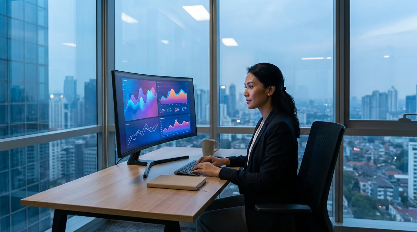 Analis keuangan di kantor modern Jakarta sedang melihat visualisasi data abstrak di layar monitor besar, merepresentasikan otomatisasi tugas administratif.
