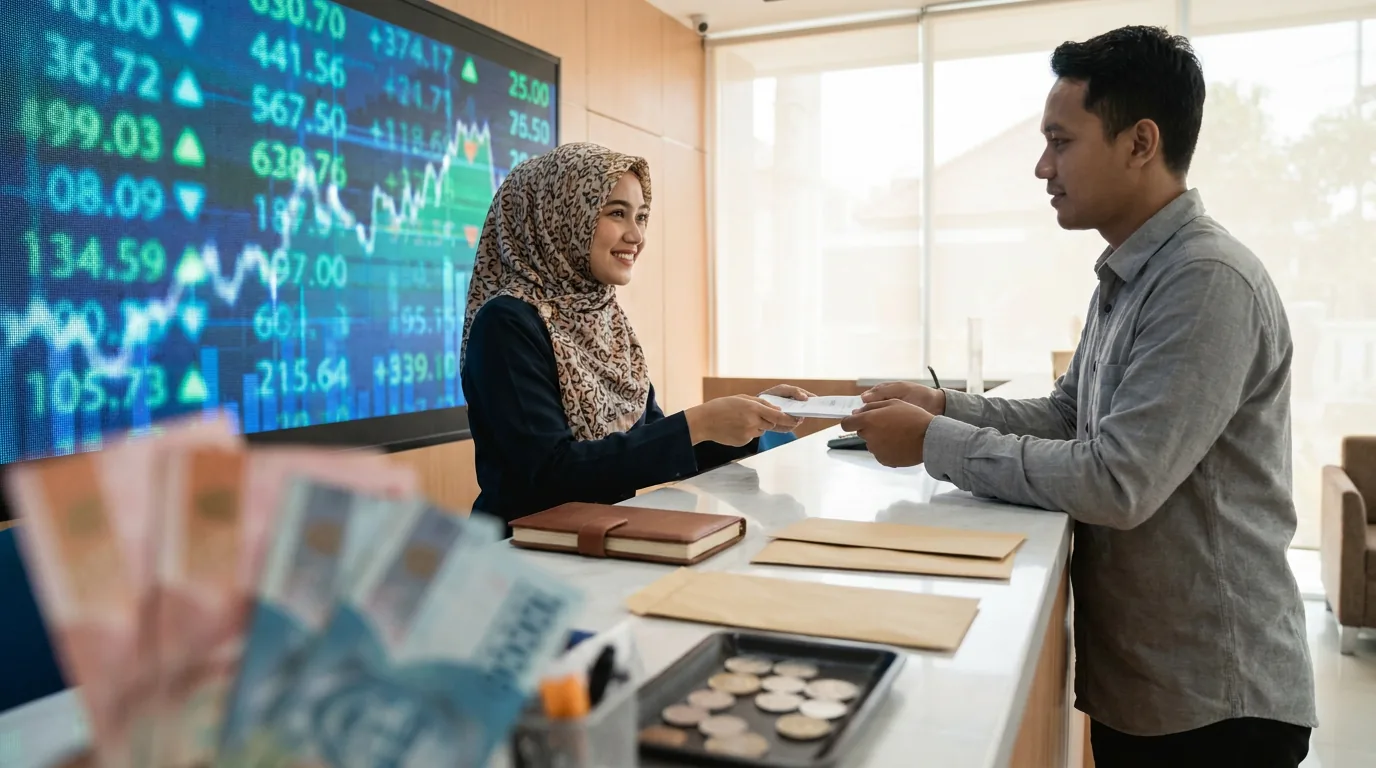 Suasana di bank internasional atau money changer di Indonesia yang melambangkan pertukaran informasi keuangan dan pergerakan aset lintas negara.
