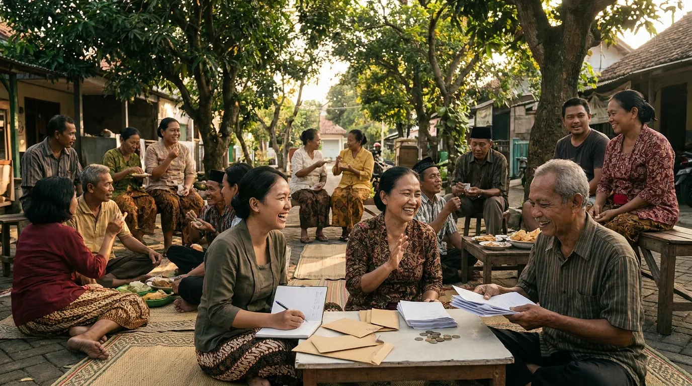 Warga berkumpul dalam suasana hangat di lingkungan perumahan, melambangkan investasi pada modal sosial dan ekosistem komunitas.
