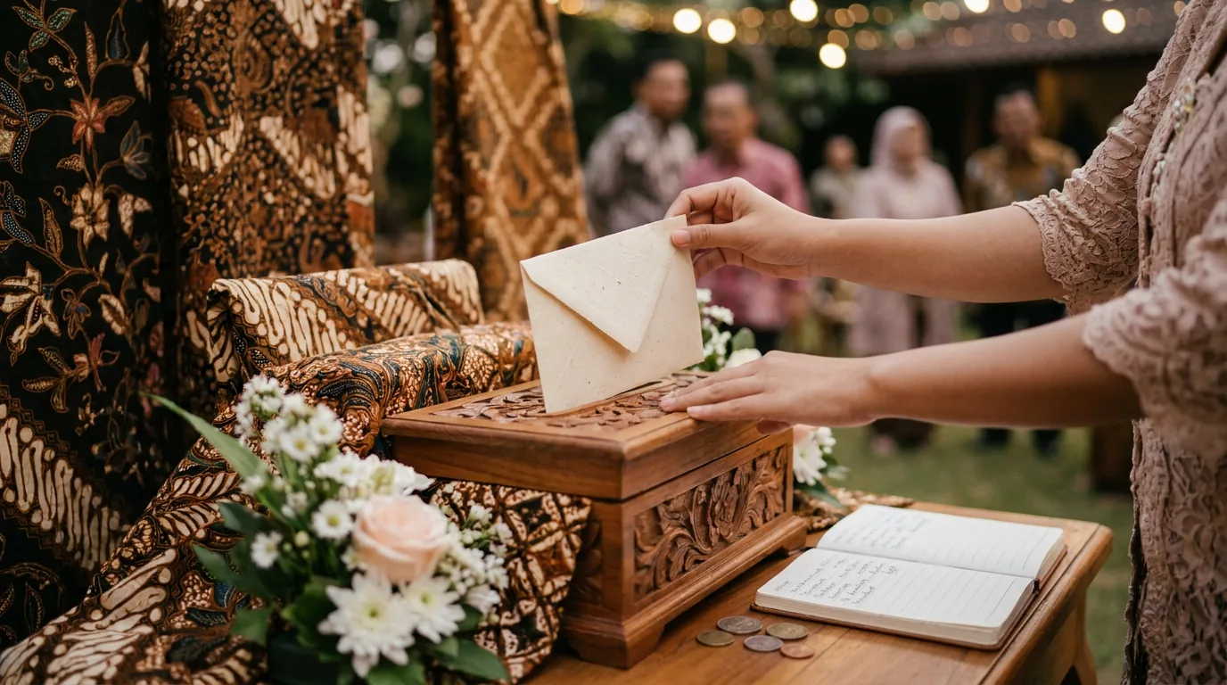 Tangan memasukkan amplop ke dalam kotak sumbangan di sebuah acara, melambangkan alokasi dana sosial dan donasi.