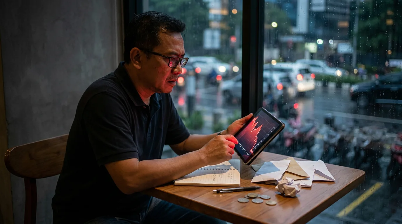 Seorang investor ritel Indonesia tampak khawatir saat melihat grafik saham yang menurun tajam di layar tablet.