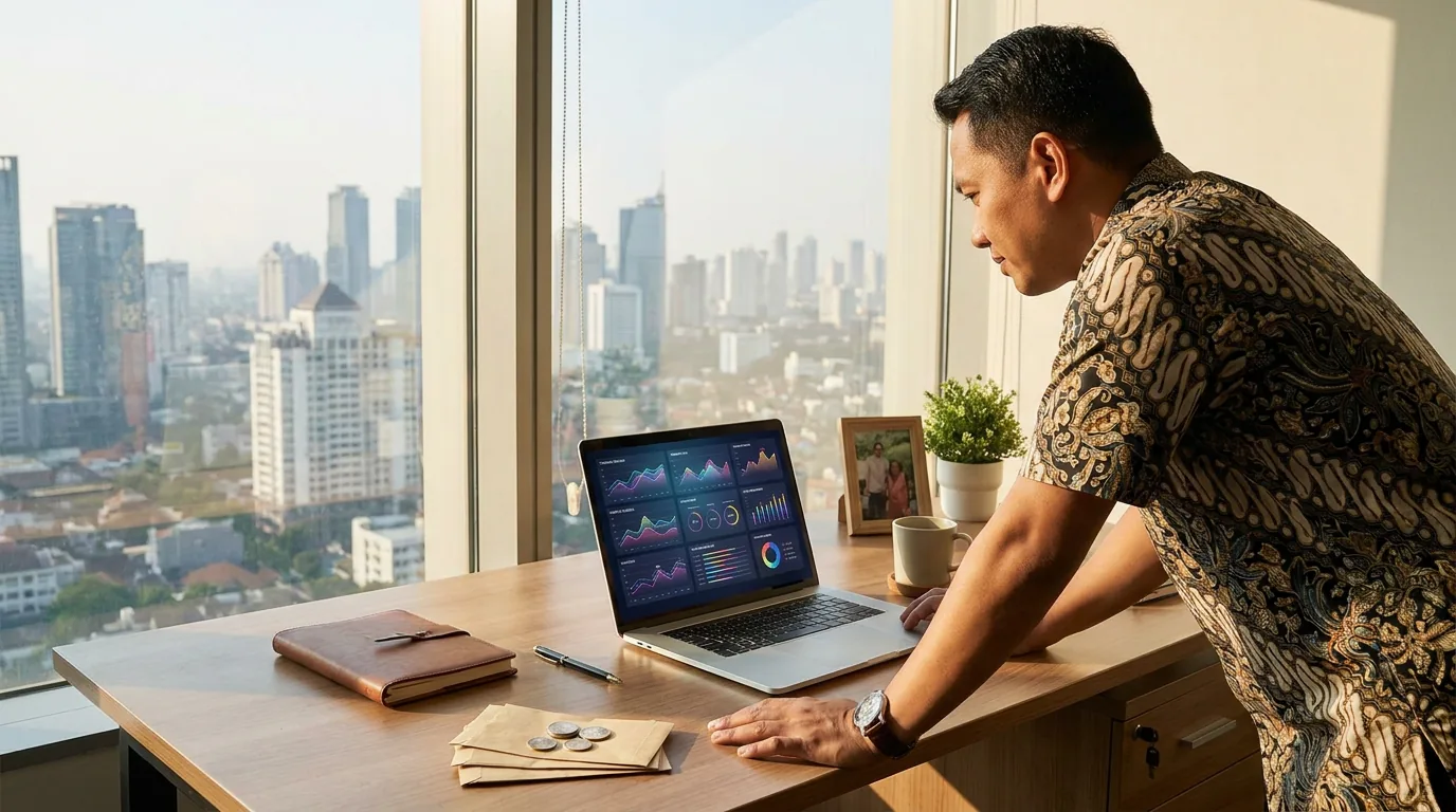 Investor sedang menganalisis berbagai grafik sektor industri di layar laptop dengan latar belakang pemandangan kota Jakarta, melambangkan strategi diversifikasi portofolio.