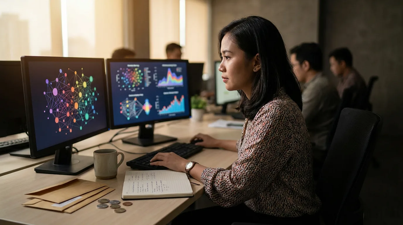 Analis data di kantor perbankan modern di Indonesia sedang memantau visualisasi data abstrak yang merepresentasikan algoritma kecerdasan buatan.
