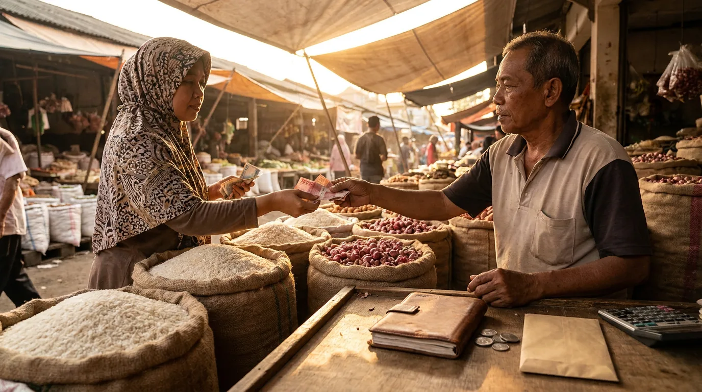 Transaksi jual beli beras dan kebutuhan pokok di pasar tradisional dengan uang Rupiah.