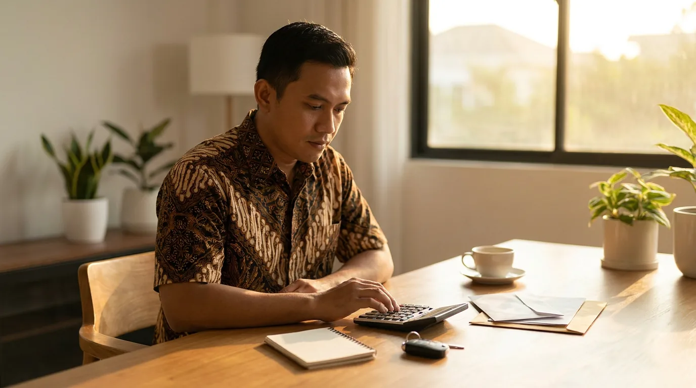 Seseorang sedang menghitung kesiapan finansial dan anggaran sebelum mengambil kredit mobil baru.