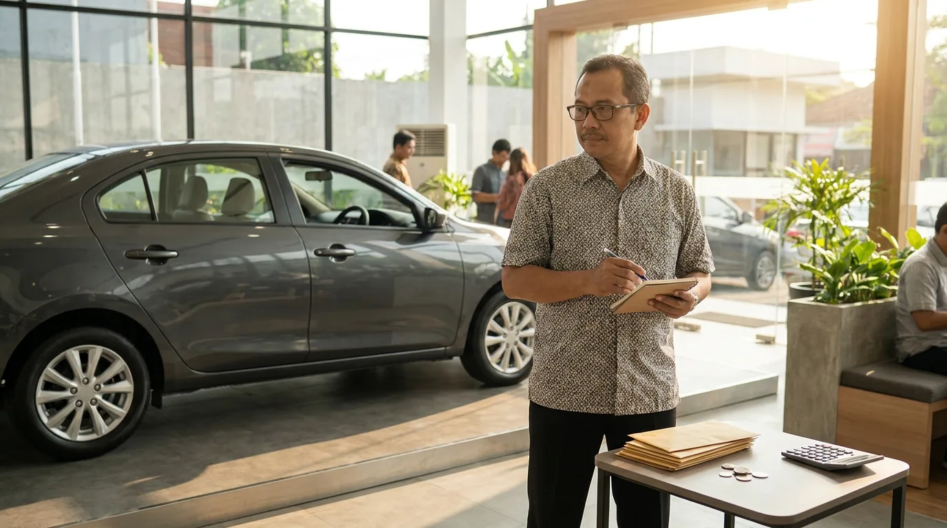 Calon pembeli sedang mengamati mobil baru di diler otomotif di tengah tren kenaikan penjualan kendaraan di Indonesia.