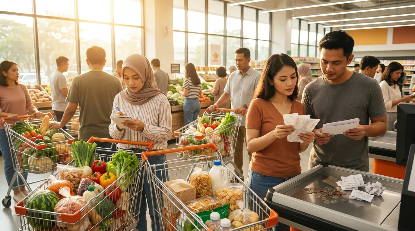 Konsumen Indonesia berbelanja kebutuhan pokok di swalayan.